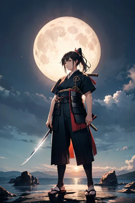 1 woman,  adult woman, 30-year-old woman, Old-fashioned samurai , Old Japanese samurai armor , Short sleeve, team leader,  sword, The motifs are black and full moon,  Warring States period, Ponytail,Black Hair,  standing, Muscular, full body,  standing on ...