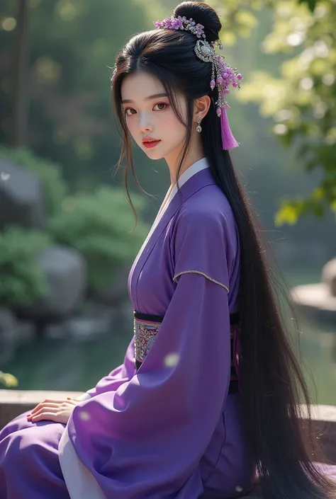 Ancient beautiful Chinese woman in purple robe sitting in garden, long black hair with hair ornament 