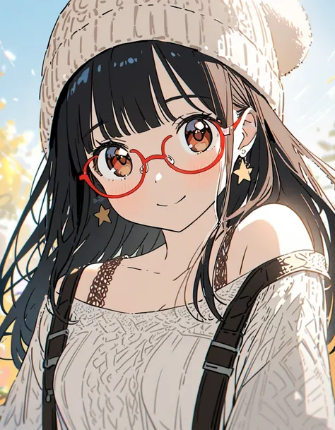 1girl, , brown eyes are shining and cute, black hair, long hair, extremely detailed neat hair,Straight hair, tareme, ((red-rimless eyewear:1.2)), star earrings, medium breasts, smile, blushful, looking at viewer, (ivory knit hat), ivory long sweater, bare ...