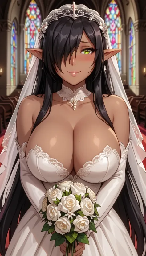 1girl,solo, olga discordia, long hair, black hair, brown eyes, very long hair, pointy ears, dark skin, hair over one eye, dark-skinned female, elf, dark elf, white wedding dress, large breasts, becklace, happy, smile,large breasts, wide hips, white church,...