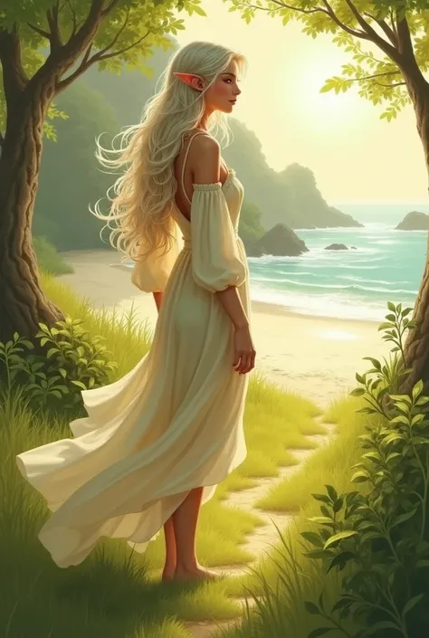 Adult girl, 18 years old, standing on the grass with bare legs in the warm colors greeny-yellow  warm beach to which the path from the forest leads. Fairy style, comfort soft grown, forest green, and soft light green colors, slight elf ears, slightly wavy-...