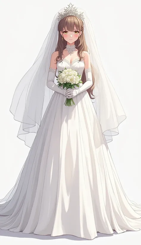  anime girl. 20 years. height 1.7 meters.  Big chest and ass .  Full-length white fluffy wedding dress. Stuff and earrings .  White elbow length gloves .  Full face wedding veil .  Full length from head to toe .