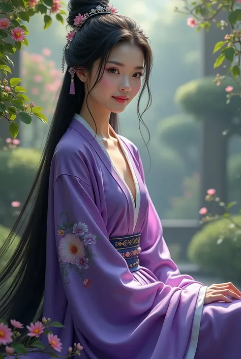 Ancient beautiful Chinese woman in purple robe sitting in garden, long black hair with hair ornament , 