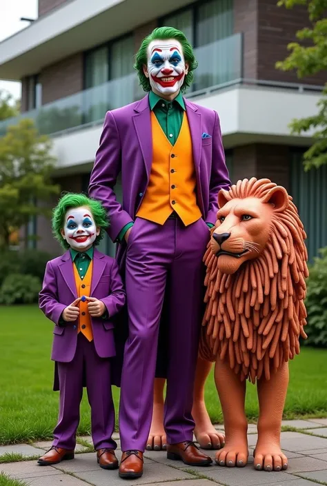 Two characters dressed as Joker, an adult and a  version, standing outdoors in front of a modern house with a lush garden. The adult Joker wears a purple suit, orange vest, and green shirt, with distinctive clown makeup and green hair, smiling confidently....