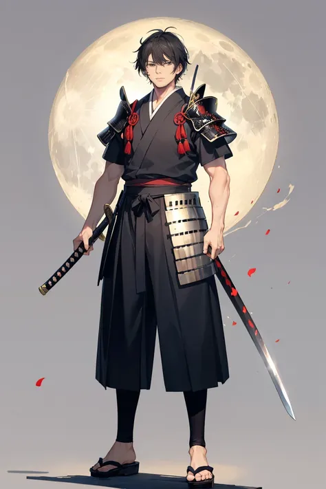  adult male, 25-year-old man, Old-fashioned samurai , Samurai clothing, Short sleeve, team leader, Japanese armor in the old days,  sword, The motifs are black and full moon,  Warring States period, Black Hair,  short hair, standing, Muscular, full body