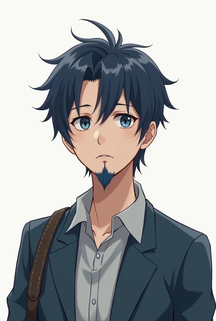 "A male university student with monolids, facing forward. He has short, dark hair and wears casual clothing suitable for a student. The expression is neutral, and the background is plain white.Thicken your blue beard a little。