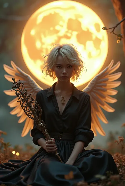 Thanks to Dawn Olson-Rauhut for inspiration
photorealistic sweet cute beautiful of a fantasy, magical steampunk mini-angel dark expressive eyes and wild short blonde hair, alluring, wearing a black loose shirt, satin short skirt sitting in front of a intri...