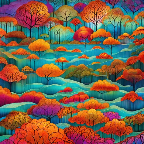 Top quality, high resolution, best composition, dynamic composition, zentangle style, colorful landscape painting, psychedelic landscape, vibrant abstract landscape, autumn foliage landscape on the lake at dawn, autumn trees on the lake sandbar are reflect...