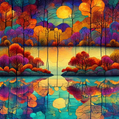 Top quality, high resolution, best composition, dynamic composition, zentangle style, colorful landscape painting, psychedelic landscape, vibrant abstract landscape, autumn foliage landscape on the lake at dawn, autumn trees on the lake sandbar are reflect...