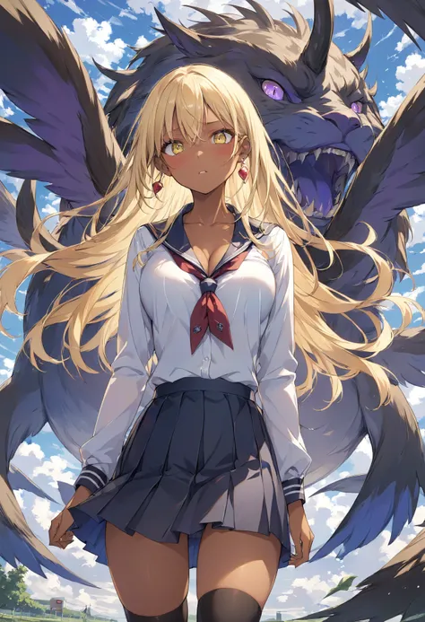 masterpiece, high quality, high resolution, 16k, Makoto Shinkai illustration, exquisite background, young woman, flashy blonde, long hair, earrings, gal lost in fantasy world, dark tanned skin, long eyelashes, beautiful eyes, nice cleavage, over-kneehighs,...