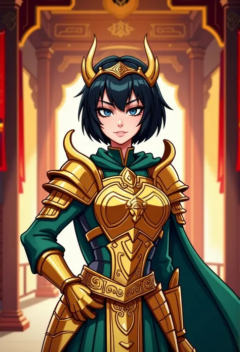 A fierce and elegant woman with Asian features, her short, jet-black hair framing her face with sharp elegance. She wears a delicate tiara adorned with golden horn-like details, complementing her dark golden valkyrie-style armor. The armor is intricately d...