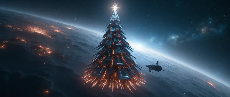  best quality ,  High resolution ,  intricate details,  a STAR TREK-style CHRISTMAS SPACE TREE,  a futuristic tree ,  ((Star Trek)), Space Cenarium, designer Star Trek