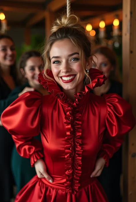 (realistic photograph close up sideways), (a pleased beautiful Caucasian lady with (messy hair bun), she is wearing (an elaborate shiny red silk dress featuring (long gigantic pouf sleeves) and a (very tall and tight stand-up collar up to her cheeks with a...