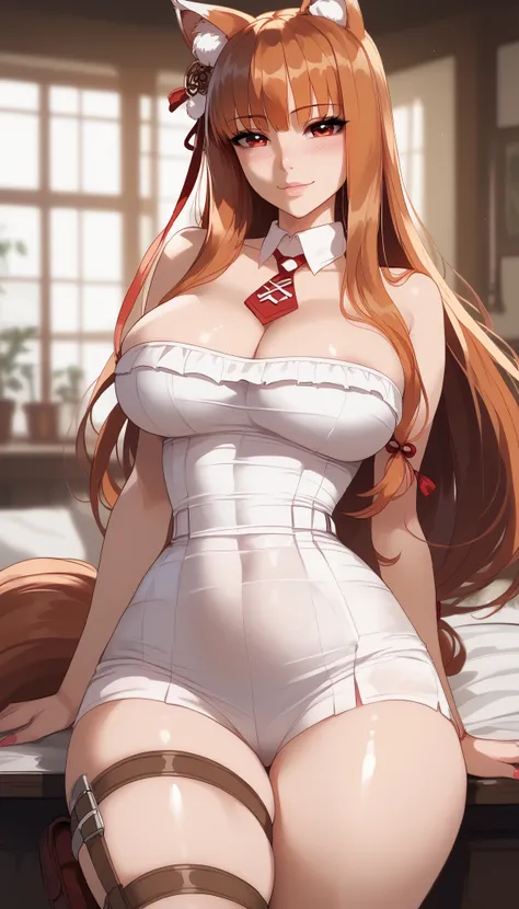  perfect eyes、 perfectly sexy face、 ultra detailed 、ultra perfect eyes、Holo、Spice e Wolf、 shiny hair 、( Big breasts ), showing cleavage、Tight Waist、 thin waist 、 Thigh straps 、pele morena、 shiny skin、Beleza、erotic、series、 looking at the viewer、
