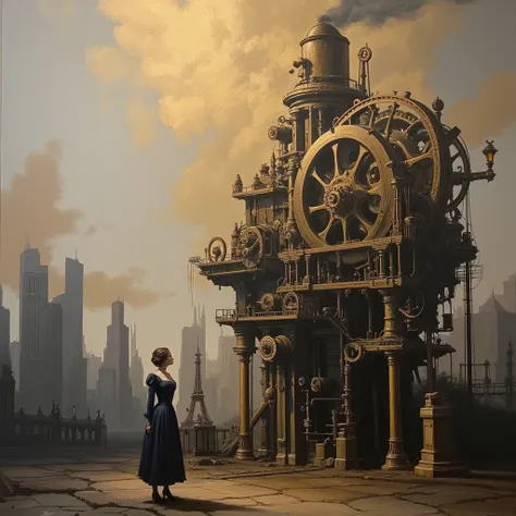 Masterpiece,two-color style, only use two-color abstract painting in bronze and charcoal gray, steampunk,Mechanical Aesthetics,solo,a woman,upper body,( Victorian Era Costumes,dress,コルセット）,she is looking up the huge  Steam Machine,which has a lot of gears,...