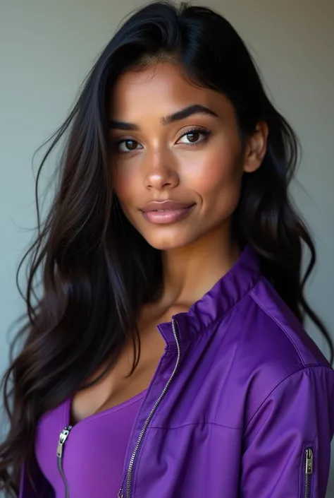 Realistic photo of 18 year old woman,  brown skin,  long black hair, brown eyes, purple jacket , defined body.