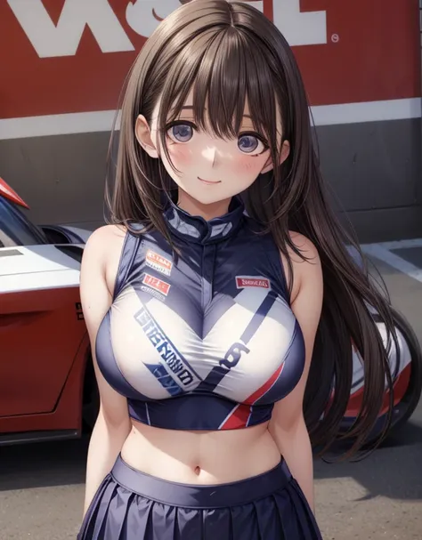 ((race queen uniform)),smile,Skirt,(crop top),(sleeveless),navel,outdoor,(large breasts:1.9),(shiny,hair),((solo)),((masterpiece)),((best quality)),perfect anatomy,slim waist,perfect image,8k UHD,(beautiful detailed eyes:1.5),extremely detailed face,standi...