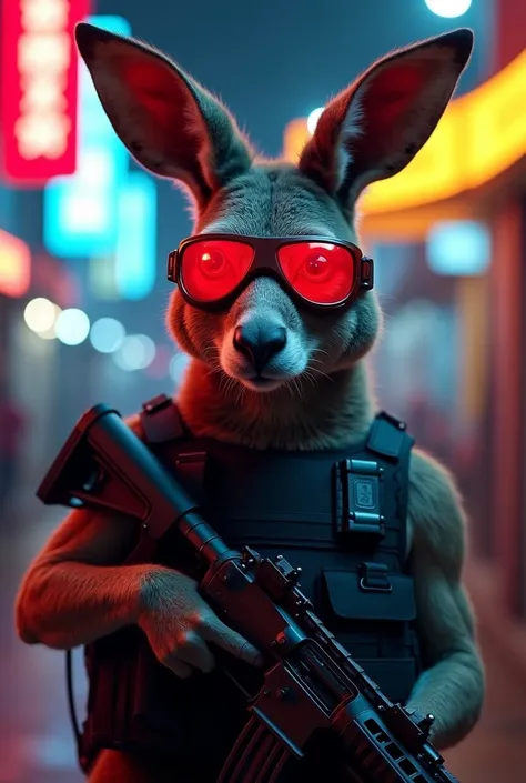 The image shows an anthropomorphic kangaroo in a scene with a futuristic and urban aesthetic, which seems to refer to a cyberpunk universe. The kangaroo is in an alert pose, leaning forward and holding a long weapon, similar to a rifle. He wears a black ta...