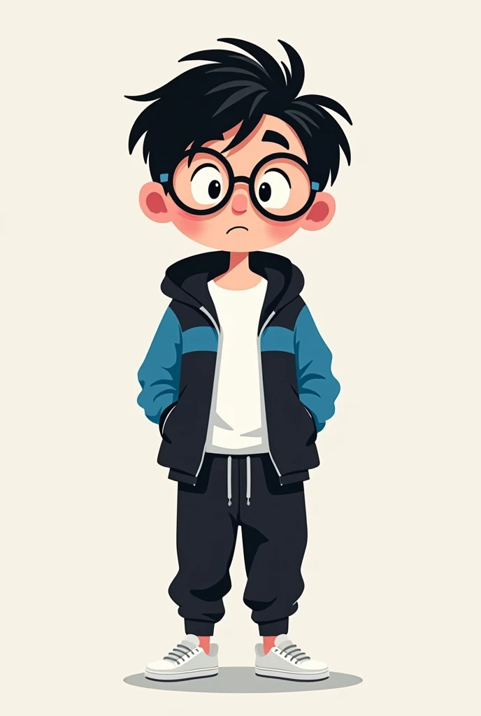 A stylized cartoon boy stands confidently against a plain background. He has tousled black hair and wears large round glasses. His outfit consists of a blue and black zip-up jacket over a white t-shirt, paired with black jogger pants and white sneakers. He...