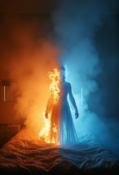 A dramatic scene in a dimly lit bedroom, one half engulfed in roaring flames with intense orange and red hues, the other half covered in shimmering ice with cold blue tones. The room is filled with dense, swirling vapor that creates a mysterious, surreal a...