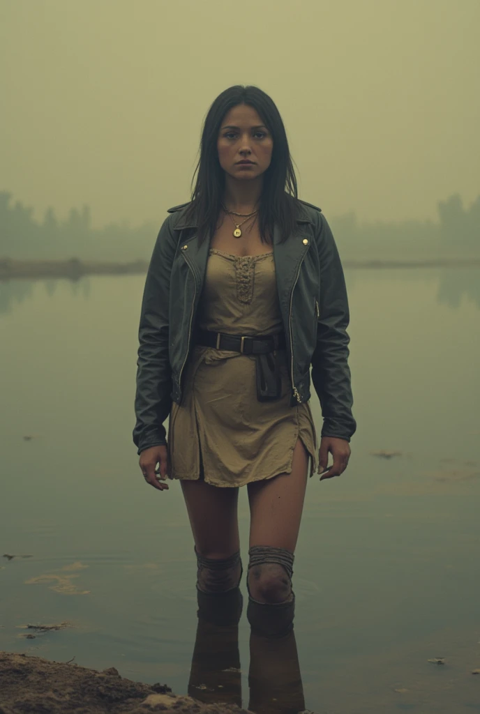 8 k, super detailed, grainy photo film, super detailed, Muted colors , cheyenne woman, dim light, standing, stockings with garters, dirty pencil skirt , dirty leather jacket , t-shirt, woman , drowning in a swamp, beige, brown ,
