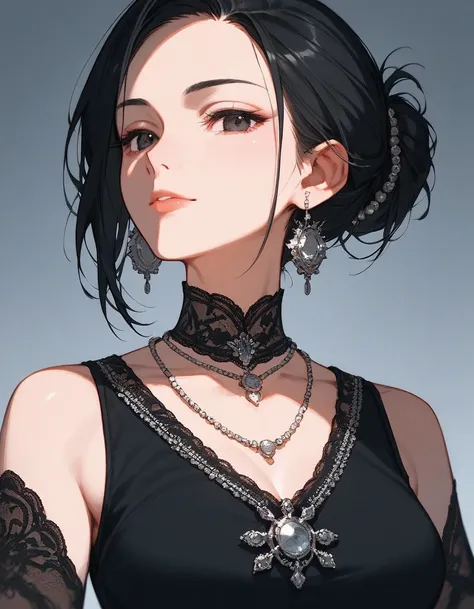 close up, score_9, score_8_up, score_7_up, (solo), 1girl,  (milf), earrings, necklace, jewelry, beads, hair bun, black dress, ((((fur))), silver crown, black hair, (((lace))), black eyes, ((pose)), (narrowed eyes), medium breast, ((hands)), 