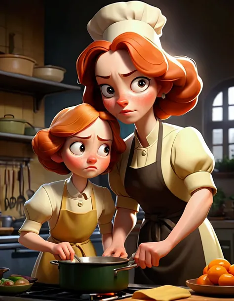 Illustration of Anne in the kitchen with her mother, a woman with soft features and an apron, animatedly sharing her stories of bravery while the warmth of a cooking stove fills the scene."