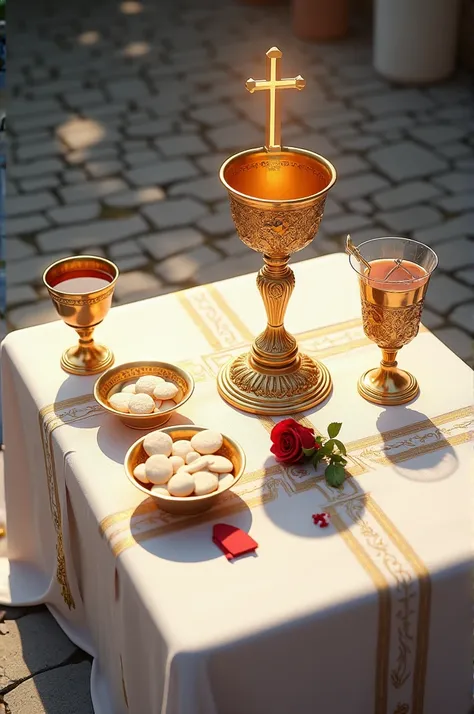 "An intricately detailed outdoor Eucharistic ceremony setup. A white tablecloth covers the table, holding golden bowls filled with white communion wafers, each with ornate handles. At the center is a grand chalice, richly decorated with intricate patterns,...