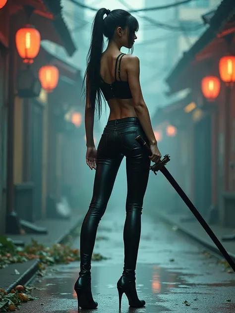 A slender athletic girl with long legs, very high-heeled shoes, in her hand a long samurai katana sword, hair tied in a ponytail, in the style of Japanese cyberpunk, in Bangkok, photo below, in the style of Christopher Nolan, high quality photography, in a...