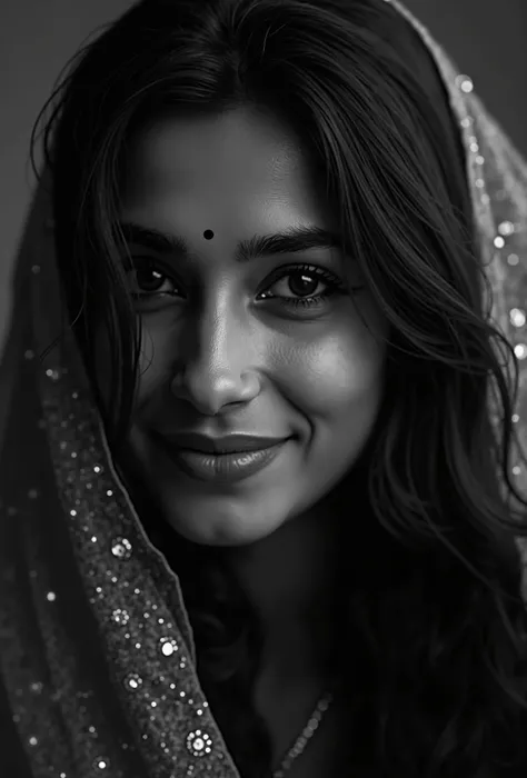 a black and white closeup portrait, Surreal, amazing quality, masterpiece, best quality, awesome, inspiring, a light smiling "MADHUBALA" (anarkali of mughl-e-azam) with hair over her eyes, hair completely covers her face. cinematic composition, soft shadow...