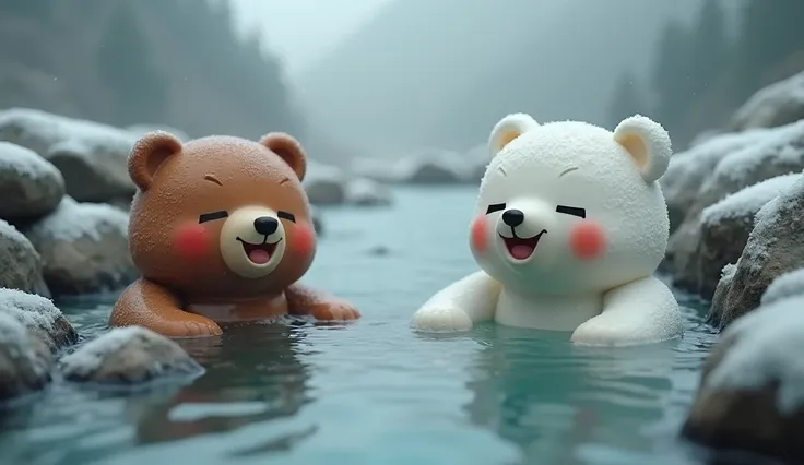 (birds eye view), Lots of little cute robot bear dolls, brown bear, white bear, soaking in a big river, river deep in the mountains, hot spring surrounded by rocks, winter, snow falling, outdoor bath, neck-deep in hot water, eyes closed, smiling, smiling, ...