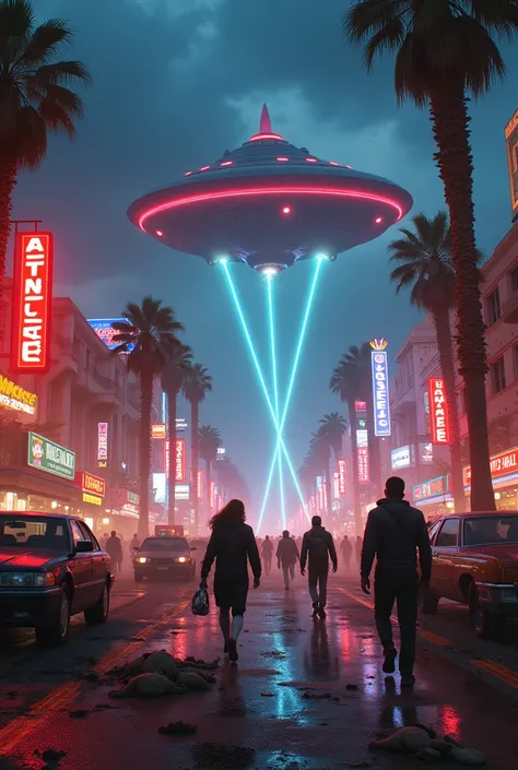  Realistic chaos scene in a nighttime urban center in a city like Las Vegas ,  vibrant colors people with expressions of desperation looking for shelter ,  and in the background the scene unfolds through the image of an alien ship flying over space and on ...