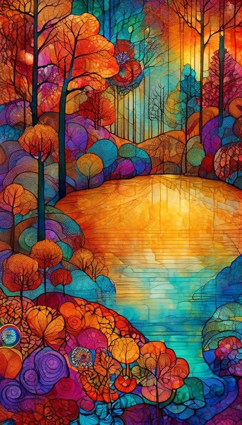 Top quality, high resolution, best composition, dynamic composition, zentangle style, colorful landscape painting, psychedelic landscape, vibrant abstract landscape, autumn foliage landscape on the lake at dawn, autumn trees on the lake sandbar are reflect...