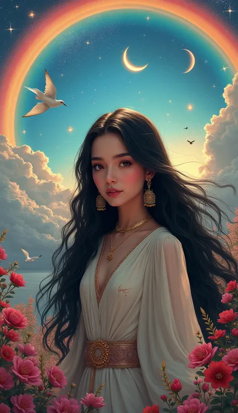 a realistic high details UHD 8k of a Arabian woman with a rainbow and birds , 1girl, solo, long hair, black hair,modest girl, very cute, jewelry, flower, pretty eyes, signature, star (symbol), brunette skin, bird, leaf, crescent, star (sky), pink flower, p...