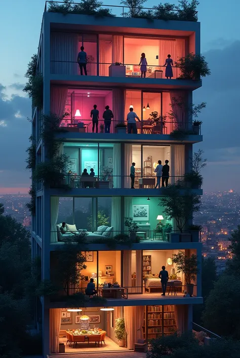 I want a design like this Istanbul will be Beyoğlu apartment building • Floor One: A dynamic atmosphere where young people party. Music, colorful lights, dancing silhouettes… • Floor Two: A person is reading a book under a soft yellow light. Its a calmer, ...