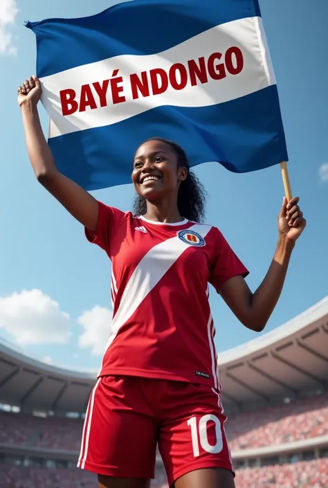 Une belle fille qui porte un maillot de football de couleur rouge blanc et lève un drapeau de couleur bleu blanc flottant sur lequel on floque Baye Ndongo le jeune président .