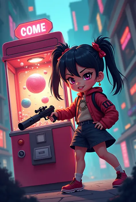 a cartoon picture of a girl with a gun and a candy machine, official artwork, high detailed official artwork, official poster artwork, album art, official art, 2d art cover, 2d game art gta cover, 2 d game art gta cover, front cover of a new video game, co...