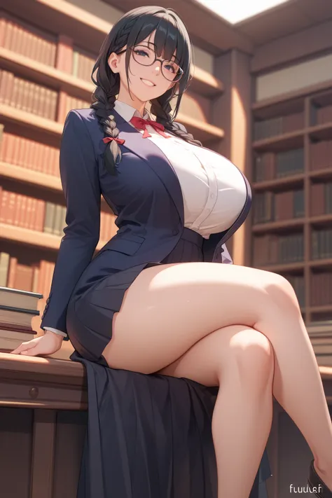 Alone, teenage woman 、 accurate human body、 anatomically correct、５ finger、Library、 and insanely big breasts、 very big butt、 black hair、 braids 、 blazer、Knee-length skirt、Glasses、Smile、student、huge breasts、
