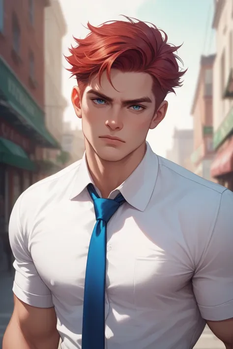 An irish cop, white button up shirt, blue tie, short well groomed red hair, handsome, stern looking, highly detailed digital art