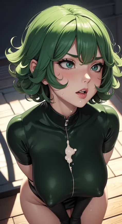 (beste-Qualit, 8K, 12), 1 girl, tatsumaki, Short Hair Hair, green hair, giant breast, the perfect body, ultra detail face, detailed lips, Slender Eyes, black dress, standingn, enticing, Excited, convex areolas, in heat, Milf, steam, Sex, trembling, , Looki...