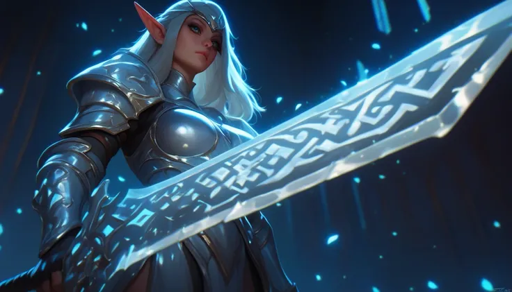 score_9, score_8_up, score_7_up, upscale 2x, (  cinematic shot of a beautiful elf princess wearing silver armor ,  Holding a Sword ,   blade has a blue and silver outline and 、 has a symbol that shines along the blade ,  The magic castle in the background ...