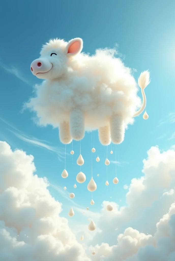 cloud in the shape of a cow raining drops of milk