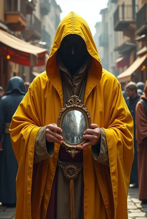 A hooded charlatan from the Middle Ages, with charming yellow color look, holding in his hands a small mirror in a busy city 
