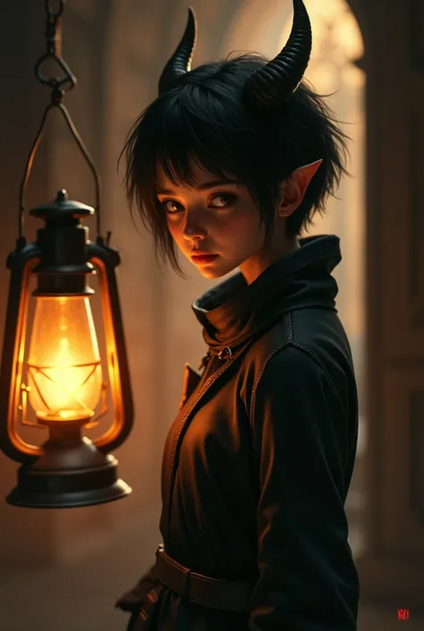 a girl from the fantasy world of the Middle Ages and smokes the light of a lantern illuminates her well. She is dressed in fully closed thief clothes, her hair is very short cut and she has a pair of curved horns on her head 