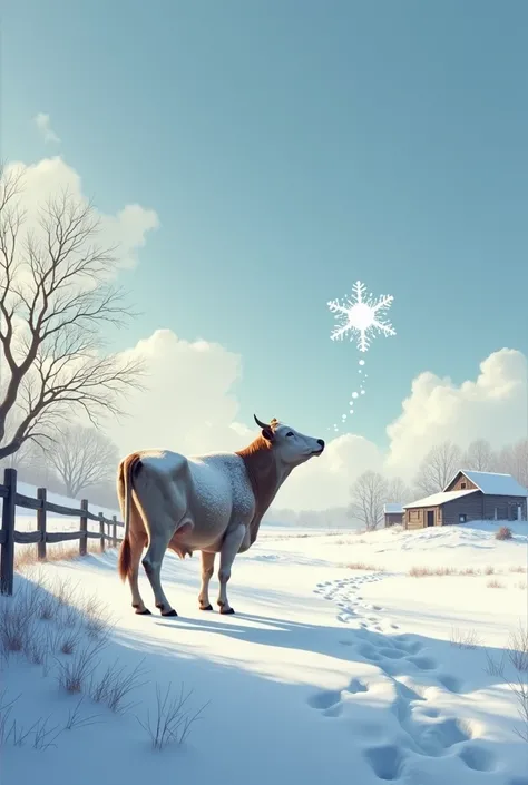 Cold Winter Farm ,  with a cow looking up and seeing a snowflake in the shape of milk fall