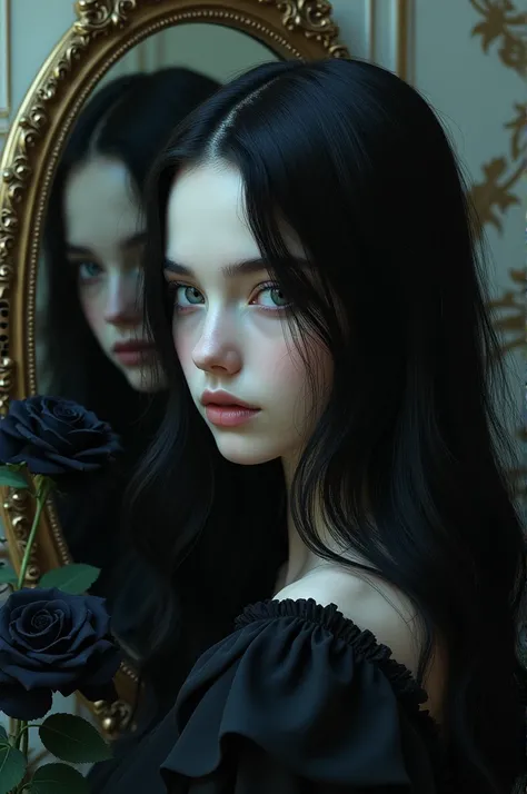 girl with long black hair, silver-blue eyes and pale skin, wearing a black dress, side profile, a mirror behind the girl displaying the image of a brown-haired girl, black roses around.