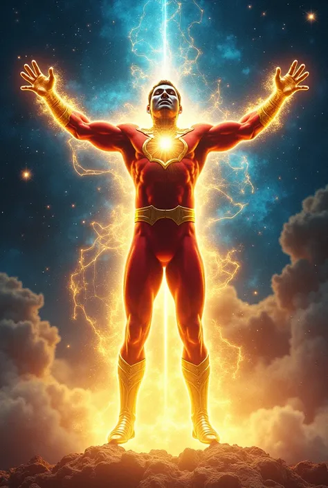 Shaktimaan standing tall, with his arms stretched out as his cosmic aura expands around him, pulsing with golden and blue light. The aura should have a visual effect of rippling energy, creating a sense of growing power. The background should show a vast u...