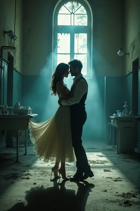 A couple dancing in an abandoned hospital