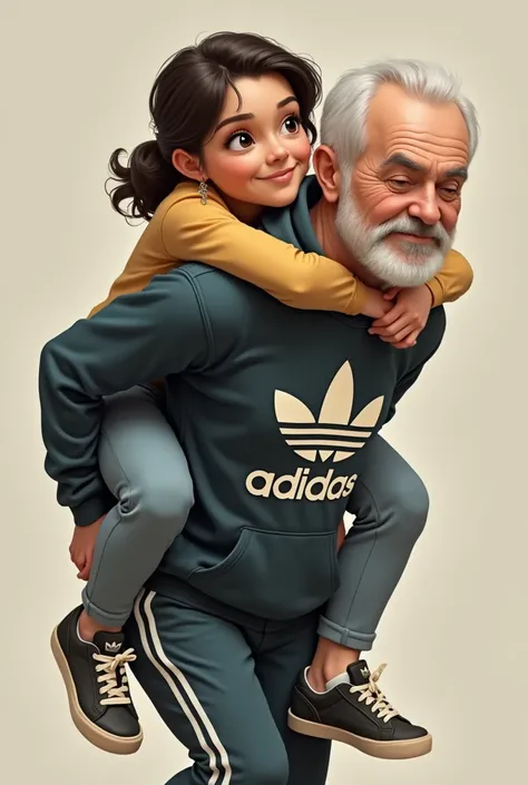 Pretty young girl in Adidas sneaker carries old man on her back 