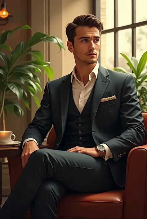 (photorealism:1.2), beautiful man, sitting on coffee shop, wearing a formal dress,  pants, hair, indoors, soft lighting, plants in background, window with sunlight, cozy room, relaxed pose, realistic, intricate details, warm colors, by Greg Rutkowski, by A...